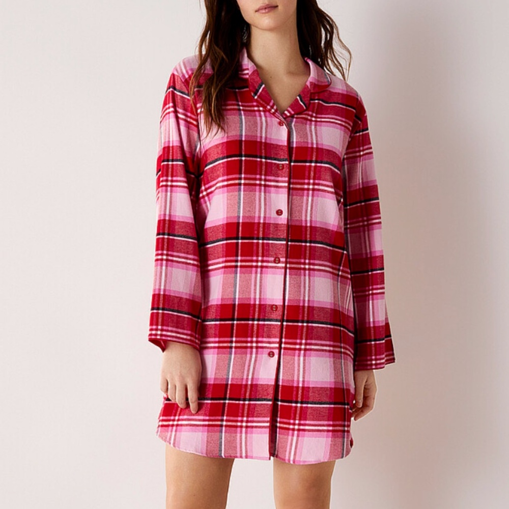 Cyberjammies red and pink plaid checkers flannel nightshirt lounge dress NWT